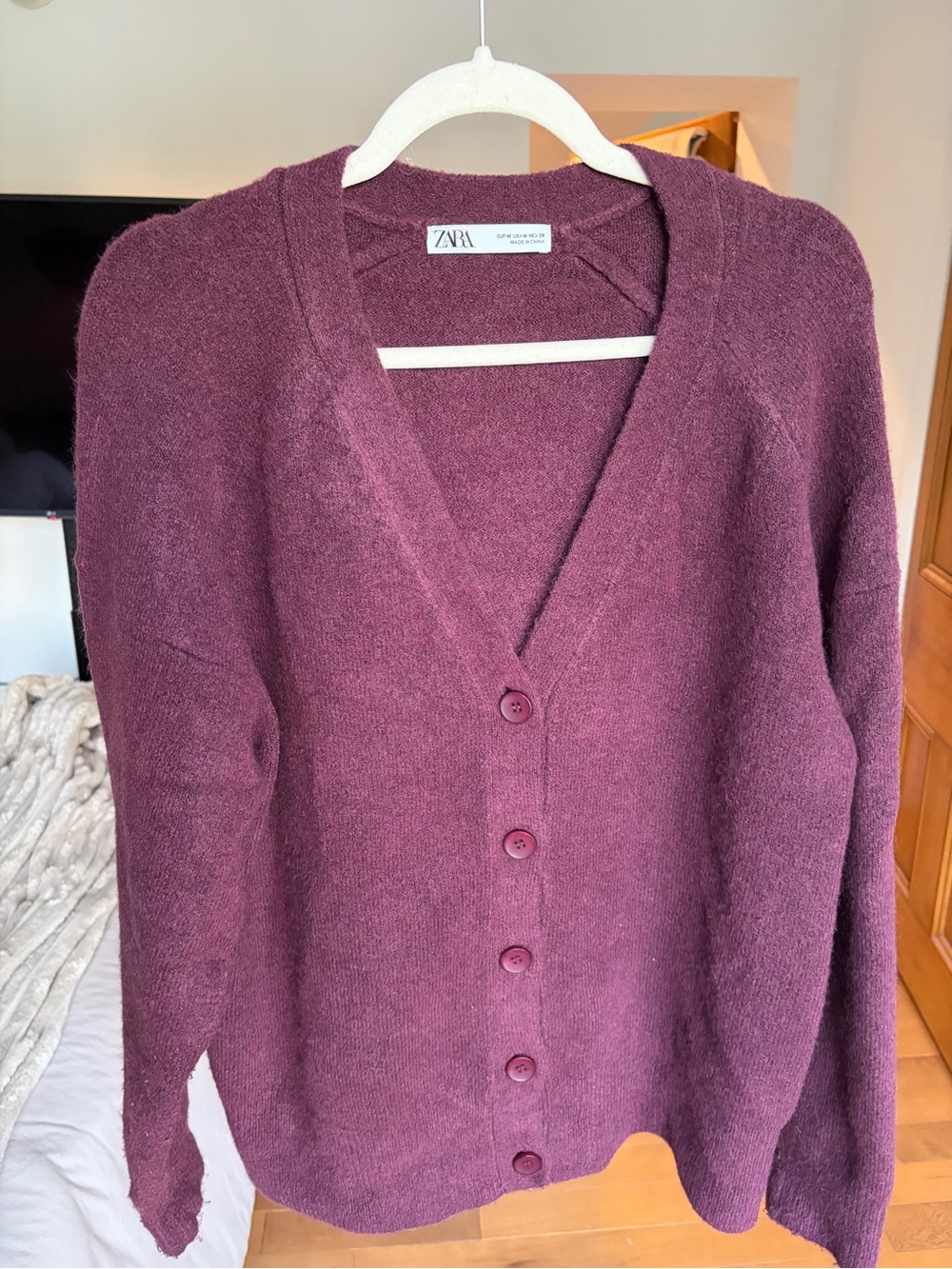 Zara Burgundy Button-Front V-Neck Cardigan